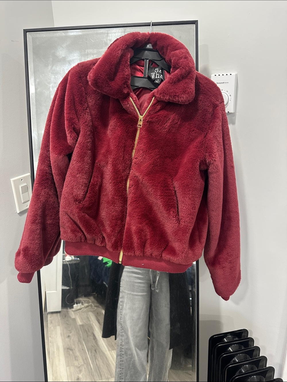 Say What? Women's Plush Faux Fur Bomber Jacket in Burgundy